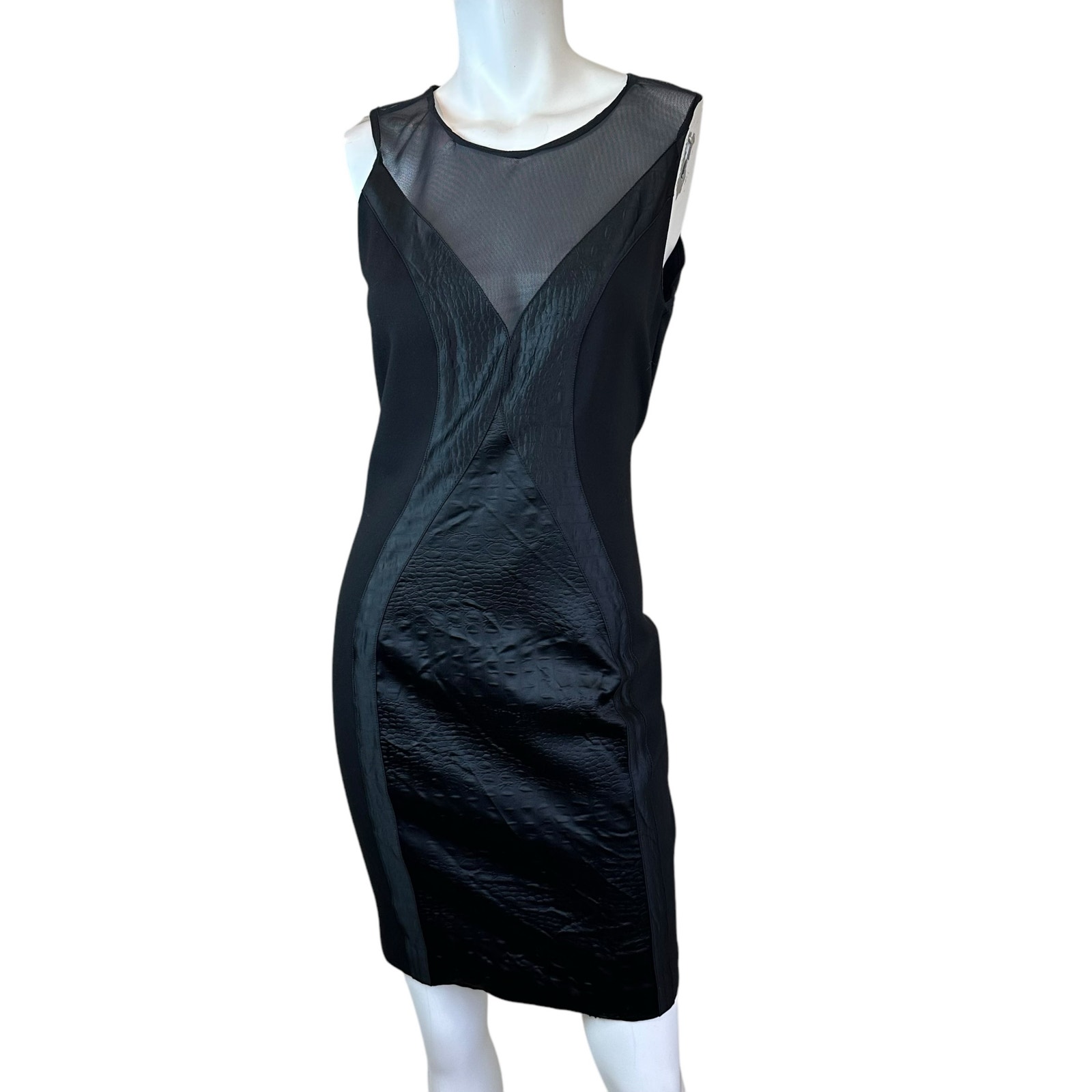 Maje Black Satin Sheer Mesh Panel Pencil Sheath Sleeveless Dress Sz 40=8